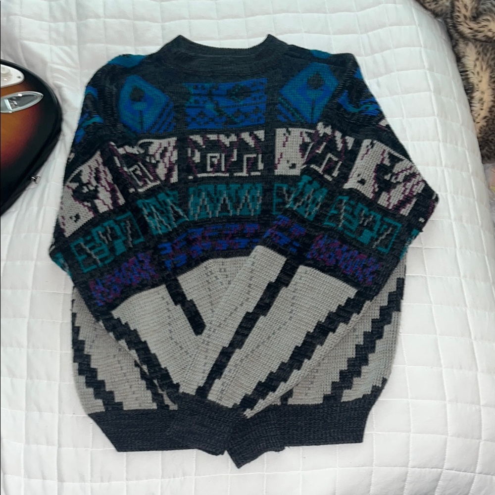 Vintage Men's Geometric Pattern Sweater - Blue and Gray